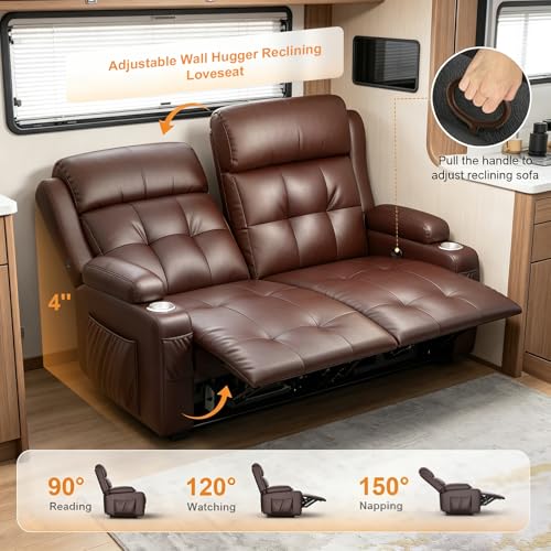 Furgatti Reclining Loveseat, 55.1" RV PU Leather Wall Hugger Recliner Love Seats Sofa with USB-A/Type C Charging Station, Cup Holder, Double Recliners Couch, Manual Love Seat for RV & Gaming Room