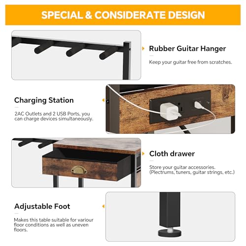 Homeiju 6-Guitar Floor Stand with Charging Station & 3-Tier Storage, Guitar Rack with Amp Stand & Cloth Drawer, Rubber Protected Guitar Holder for Studio/Home , Heavy Duty Metal Frame Homeiju