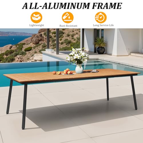 VredHom 95" Patio Outdoor Dining Table for 8-10, Weather-Resistant Wood-Grain Top with Aluminum Frame & Umbrella Hole for Deck Gatherings, Brown VredHom