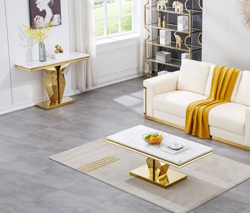 Faux Marble Console Table, 47" Entryway Tables Narrow Entry Table with 0.71" Thick Marble Tabletop and Gold Stainless Steel Base, Luxury Modern Cocktail Center Table for Office Living Room Kootlena