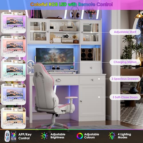 FACBOTALL Computer Desk with Hutch and RGB Lights, 65" Office Desk with Power Outlet, Makeup Vanity with 3 Doors & 3 Drawers, White Executive Desks for Home, Work and Study FACBOTALL