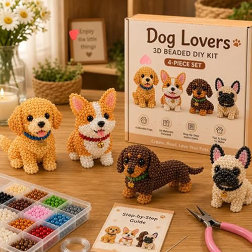 DIY Dog Bead Embroidery Kit, 4pcs 3D Dog Beading Crafts with Instructions, Cute Bead Art for Adults, Handmade Gift for Craft Enthusiasts
