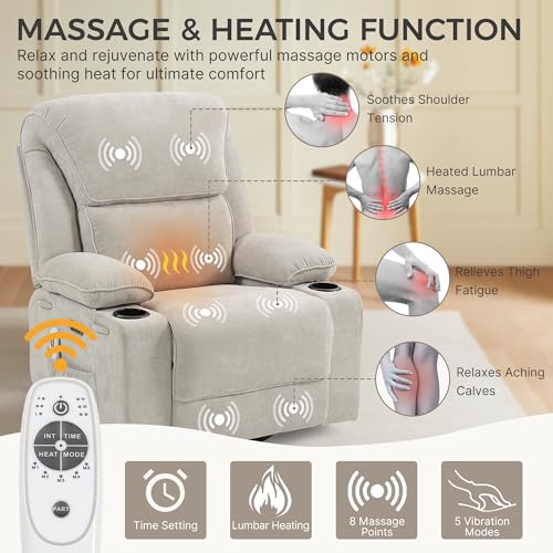 Recliner Chair Power Control, Nursery Reclining & Rocking Chair and Glider, Massage Swivel Living Room Furniture for Small Spaces, Bedroom, RVS, Lounge Sofa Chairs with USB & Type C Ports, Light Gray
