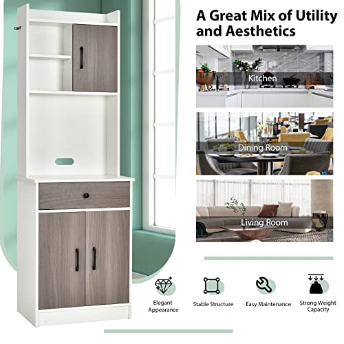 Giantex Pantry Organization and Storage, Tall Buffet Hutch Cabinet with Drawer Cabinet Shelf, High Cupboard Sideboard, Stationary Microwave Stand, Wood Countertop (White & Natural) Giantex