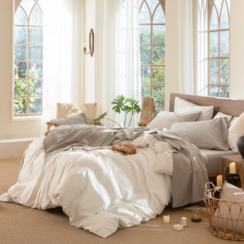 MooMee Bedding Sheet Set 100% Washed Cotton Linen Like Textured Breathable Durable Soft Comfy (Heathered Tannish Linen Grey, Twin) MooMee
