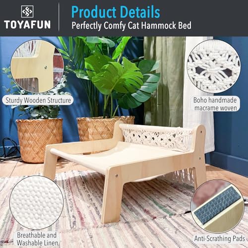 TOYAFUN Boho Cat Hammock Bed - Macrame Elevated Cat Bed for Indoor Cats, Free-Standing Breathable Cat Chair, Wooden Cat Swing Bed Pet Furniture Gift for Cats and Small Dogs TOYAFUN