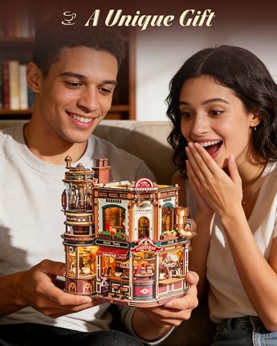 ROKR Dream Coffee Factory, Wooden Music Box Model, Mechanical 3D Wooden Puzzles for Adults, Building Kit with Moving LED Lights, Miniature House Kits, Desk Decor Gift