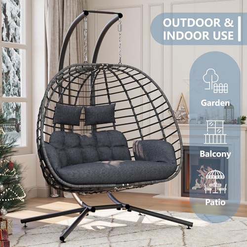 SWITTE Double Egg Swing Chair with Stand, Outdoor Patio 2 Person Hanging Wicker Hammock Chairs with Cushion for Indoor Bedroom, Lawn, Garden-Dark Grey SWITTE