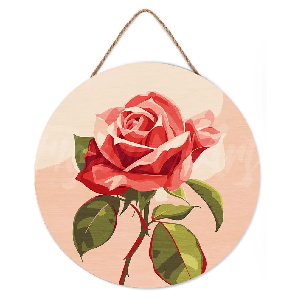 Figured'Art Paint by Numbers Kit for Adults on Wood Slice, 11.8in Diameter - Red Rose - Craft Art Painting DIY Canvas Figured'Art