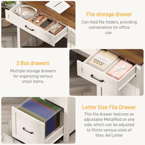 Halitaa Farmhouse 47" Executive Desk, Computer Desk with File Drawer and Charging Station, Workstation for Study, Home Office, Unique White. Halitaa