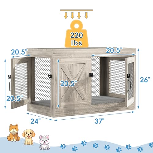 Wooden Dog Crate Furniture,36 Inch Dog Kennel Indoor with Double Doors, Medium Dog Cage with Cushion, Wood Pet House End Table Chew-Resistant for Medium/Small Dog, Grey Redpick