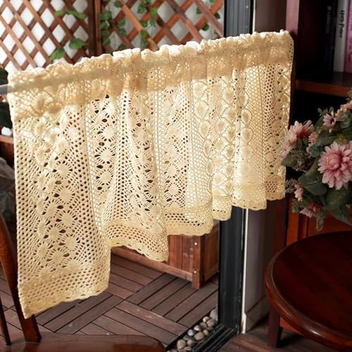 Rustic Boho Curtain Valance for Kitchen Window Farmhouse Handmade Crochet Curtain Tiers for Coffee Decor Room Divider Rod Pocket Hollow Short Lace Curtains for Bathroom Closet 1 Panel W39 X L24 Inch Yunsurey