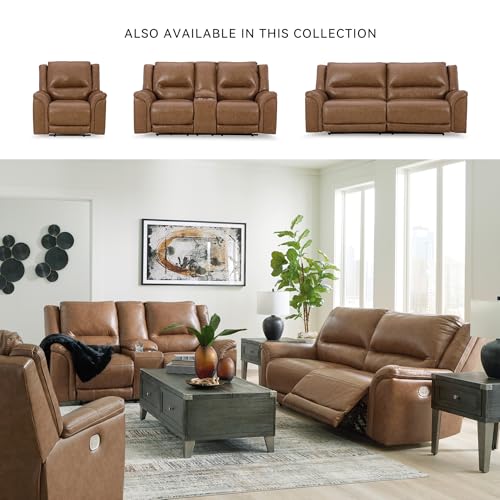 Signature Design by Ashley Trasimeno Contemporary Leather Match Power Reclining Loveseat with Console, Adjustable Headrest and USB Ports, Dark Brown Signature Design by Ashley