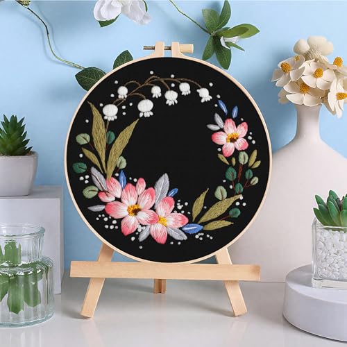 ERKOON 3 Sets Embroidery Kit, Floral Cross Stitch Set for Include Embroidery Cloth Hoops Threads for Craft Lover Hand Stitch (Garlands)