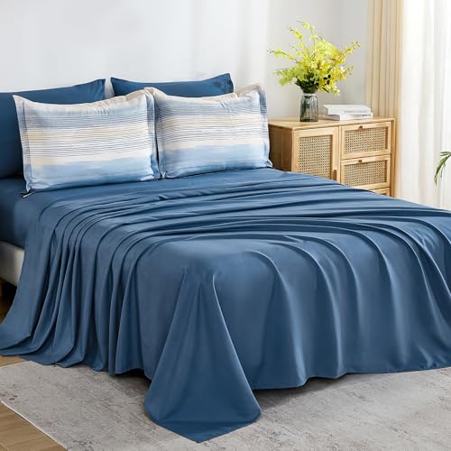 WONGS BEDDING Blue Comforter Set Full Size, 7 Pieces Full Bed in a Bag for All Season, Soft and Breathable Striped Bedding Set with Boho Comforter, Flat Sheet, Fitted Sheet, Pillowcases & Shams WONGS BEDDING