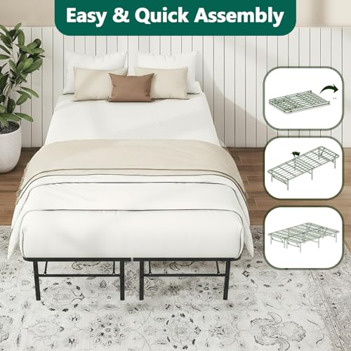 FurniEdge Full Size Folding Bed Frame, Heavy Duty Full Metal Platform with 14" Underbed Storage, Easy Tool-Free Assembly, No Box Spring Needed FurniEdge