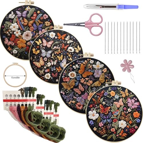 SCECALA 4 Pack Butterfly Floral Embroidery Kit - Flower Butterfly Hand Embroidery Kit for Beginners with Pattern, Complete Cross Stitch Supplies DIY Craft for Adults Sewing Hobby, 1pc Hoops