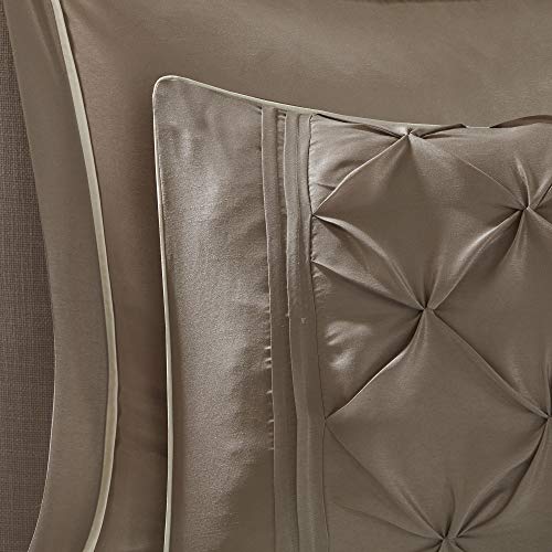 Madison Park Essentials Room in a Bag Faux Silk Comforter Set - Luxe Diamond Tufting All Season Bedding, Matching Curtains, Decorative Pillows, Taupe Queen(90"x90") 24 Piece Madison Park