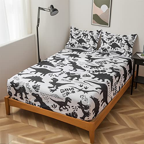 lishjekee Dinosaur Sheet Set Full for Boys 4 Pieces Black White Dinosaur Sheets Kids Bedding Set T-Rex Dino Fitted Sheet Animal Bed Set with 1 Flat Sheet 1 Fitted Sheet 2 Pillowcases Home Decor lishjekee