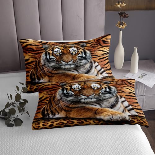Tiger 3D Print Bedspread King Size Wild Animals Bedding Set 3pcs for Kids Teens Room Decor,Animal Fur Quilted Coverlet Soft Breathable Bedding Quilt with 2 Pillowcases Manfei