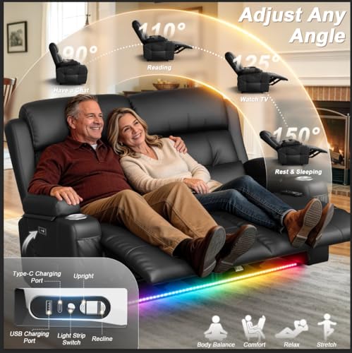 Aotolo Power Reclining Loveseat with Massage & Heat,Wall Hugger Loveseat Recliner with LED Lights,USB & Type-C Ports, Ideal for RV, Home Theater and Living Room,Black,2 Seats