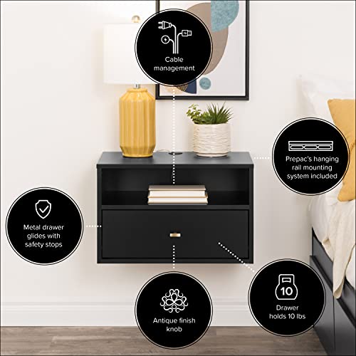 Prepac Floating Shelf Side Table with Drawer and Brushed Brass Knobs, Modern Floating Nightstand 15" D x 22.5" W x 14.5" H, Black, BRBW-1402-2M Prepac