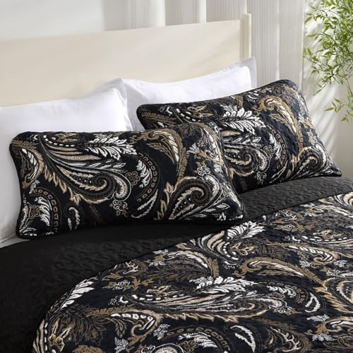 WONGS BEDDING Boho Quilt Set King,Black Paisley Floral Pattern Bedspread Coverlet Set with 2 Pillowcases,3 Piece Lightweight Microfiber Bohemian Quilt Bedding Set 104"×90" WONGS BEDDING