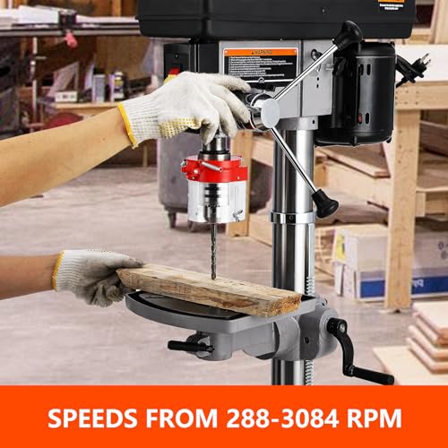 13 in Benchtop Drill Press, 7.5 Amp 120V, 288-3084 RPM Variable Speed Cast Iron Bench Drill Press, 0-45° Tilting Worktable, Tabletop Drilling Machine for Wood Metal PioneerWorks