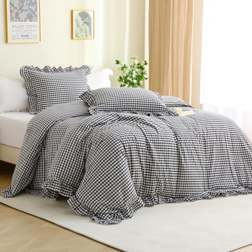 Silnuo Black/White Checkered Ruffle 3-Piece Duvet Cover Set King Size,Washed Cotton Shabby Gingham Plaid Bedding Set Farmhouse Comforter Set(King,Black/White) Silnuo