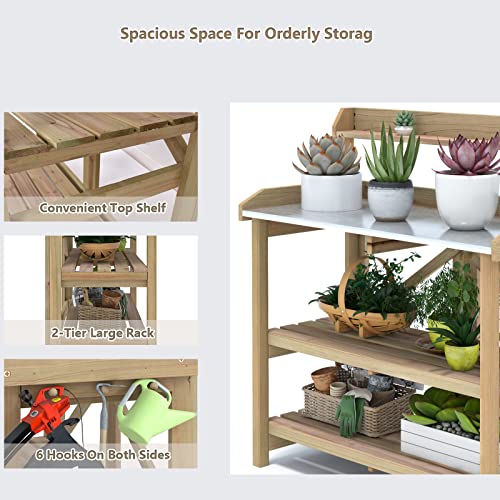S AFSTAR Garden Potting Bench, Gardening Work Station Table with 2 Storage Shelves, Fir Wood Structure and Metal Tabletop, Gardening Table Potting Benches for Outside Backyard Balcony S AFSTAR