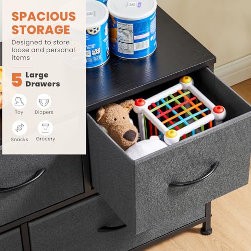 Dresser for Bedroom with 5 Drawers, Anti-Tip Wide Fabric Chests Storage Organizer Tower Furniture, TV Stand for TV up to 45 inch with Wooden Top Metal Frame for Clothes, Living Room, Hallway, Entryway Atilioo