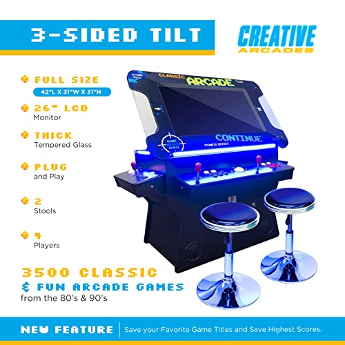 Creative Arcades Full Size Commercial Grade Cocktail Arcade Machine | 2 Player | 3500 Games | 26" LCD Lifting Screen | LED | 4 Sanwa Joysticks | Trackball | 2 Stools | 3 Year Warranty Creative Outdoor Distributor