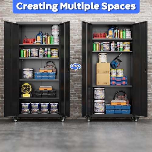 Metal Storage Cabinet with Wheels, 73"H Garage Storage Cabinet with 4 Adjustable Shelves and Locking Doors, Industrial Storage Cabinet for Garage Home Office Utility Room (Black)-Required Assembly Reemoon