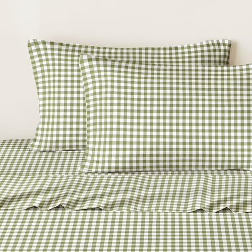 Wake In Cloud - Gingham Bed Sheets, 4-Piece Sheet Set, Plaid Checkered Check Pattern Printed Cute Preppy College Dorm Bedding, Deep Pocket, Moss Green, Full Size Wake In Cloud