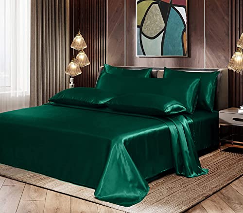 Homiest 7pcs Satin California King Size Bed Set, Blackish Green Luxury Satin Bedding, 1 Deep Pocket Fitted Sheet, 1 Flat Sheet, 4 Pillowcases, 1 Body Pillowcase Homiest