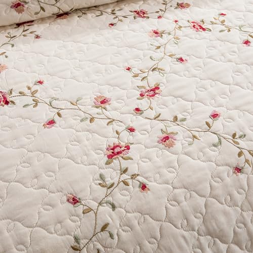 Quilt Set Classical 3D Floral Embroidery Pattern 3-Piece Cotton Reversible Quilted Embroidered Decorative Bedspreads Coverlet Bedding Set, Lightweight &Soft,Beige,King Size ROOMLIFE