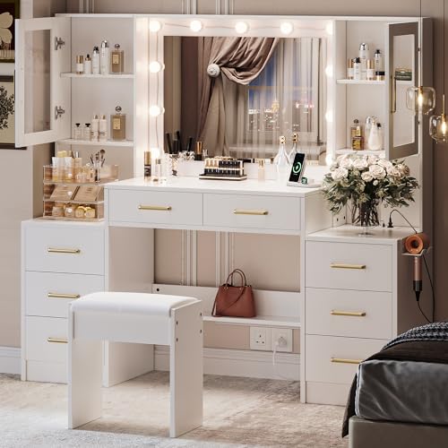 58.3" Large Vanity Desk with Mirror & Lights, Makeup Vanity with 10 LED Lights, 8 Metal Sliding Drawers & 2 Cabinets, White Vanity Set with Stool & Power Outlet 3 Lighting Modes Adjustable Brightness UGTOO