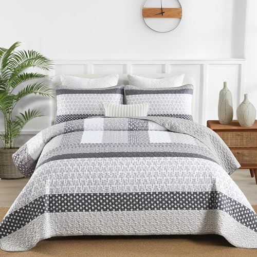WONGS BEDDING Grey Quilt King Size, Bohemian Stripe Quilt Sets 3 Pieces Boho Quilted Bedspread Set Lightweight Microfiber Coverlet Bedding Set All Season (104"x90") WONGS BEDDING