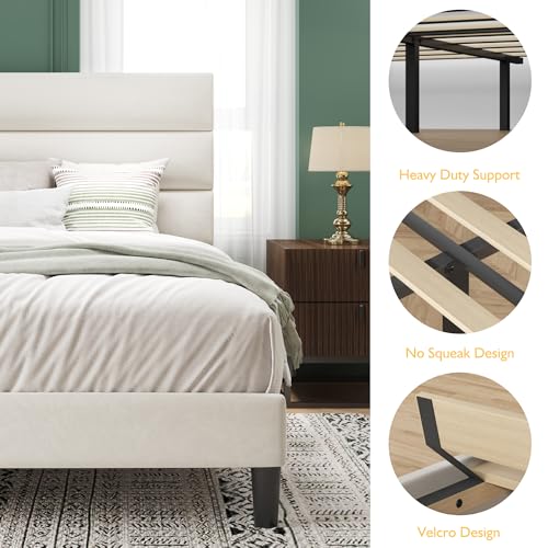 Acurax Queen Size Bed Frame with Velvet Upholstered Headboard, Platform Bed Frame with Metal Support, Fully Upholstered Mattress Foundation, No Box Spring Needed, Noise Free, Easy Assembly, Beige Acurax