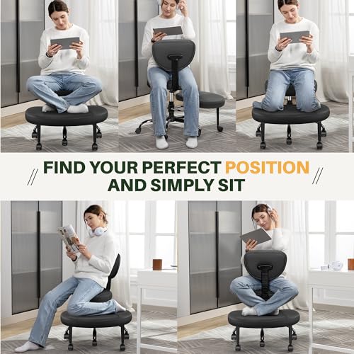 Primy Criss Cross Office Chair - ADHD Cross Legged Chair with Wheels - Adjustable Height Ergonomic Kneeling Desk Chairs for Meditation Yoga Home Office with Backrest, 360°Rotating Footrest - Black Primy