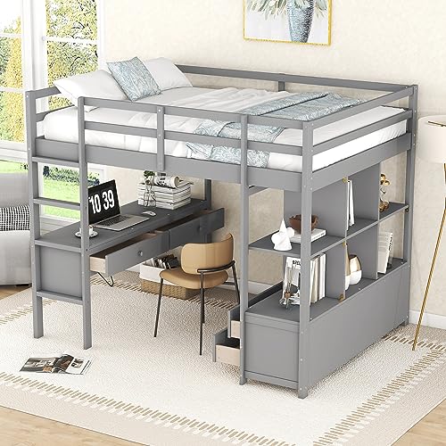 Harper & Bright Designs Full Size Grey Loft Bed with Desk, Storage Drawers, and Shelves Harper & Bright Designs