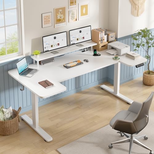 EnHomee 71 Inch Standing Desk Adjustable Electric with Monitor Stand, Computer Desk with Power Strip, Memory Height Home Office Desk for Home and Study Room, White EnHomee
