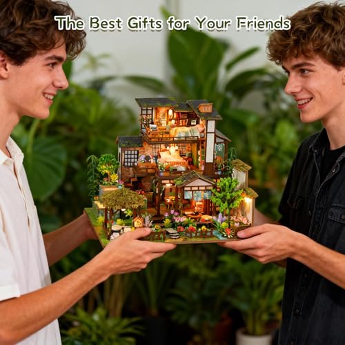 DIY Miniature House Kit, Dollhouse Kit, 3D Wooden Puzzles Bookshelf Craft Kits, Mini Doll House Building Kit for Adults Teen(Garden Cottage)