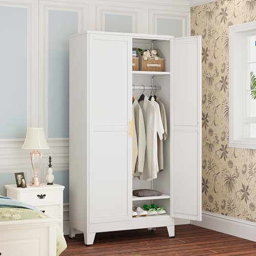 winiowa White Wardrobe Closet with 2 Doors, 71" Tall Metal Clothing Storage Cabine with Hanging Rod, Bedroom Armoires with Adjustable Shelves for Bedroom, Laundry Room, Home Office winiowa