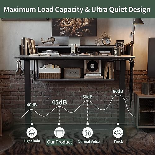 FEZIBO 48" Electric Standing Desk with Shelves, 48 x 24 Inch Sit Stand Rising Desk with Monitor Stand and Storage, Ergonomic Home Office Computer Desk, Rustic FEZIBO