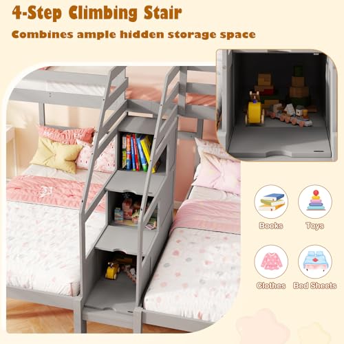 KOTEK Triple Bunk Bed with Stairs, Twin Over Twin & Twin Bunk Bed Frame with Guardrail & Storage, Wooden Bunkbeds for 3 Kids Teens, No Box Spring Needed (Grey) KOTEK