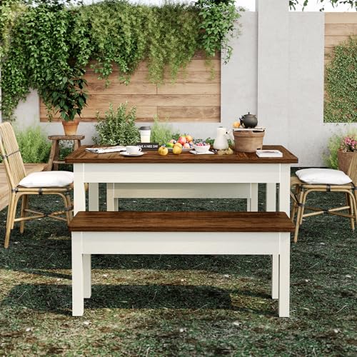 LITTLE TREE Dining Table Set for 4, Small Space Saving Farmhouse Kitchen Chairs, Compact 3-Piece Kitchen and Dining Room Furniture with 2 Wood Benches LITTLE TREE