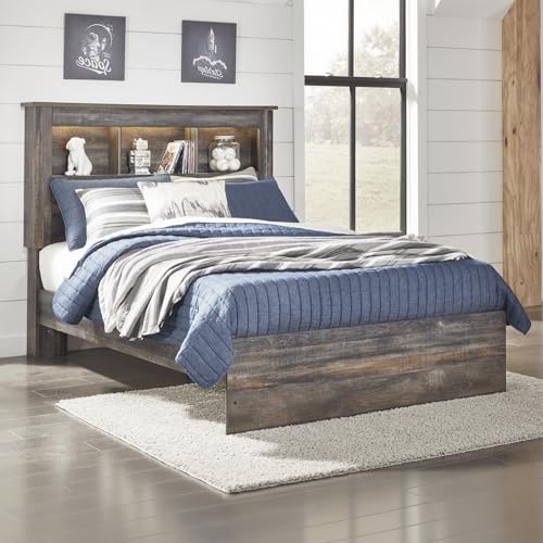 Signature Design by Ashley Drystan Rustic Full Bookcase Bed with Open Cubbies and LED Lights, Foundation or Box Spring Needed, Dark Brown & Gray Signature Design by Ashley