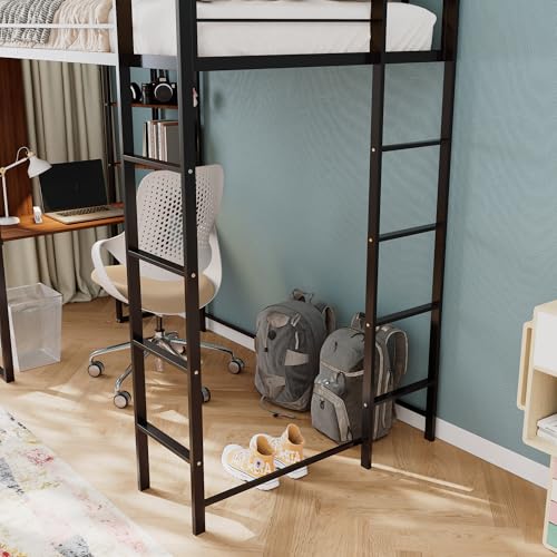 Merax Twin Metal Loft Bed with 2 Shelves and one Desk,Loft Bed Frame with 2 Built-in Laddersl,Noise Free,No Box Spring Neede,Black Merax
