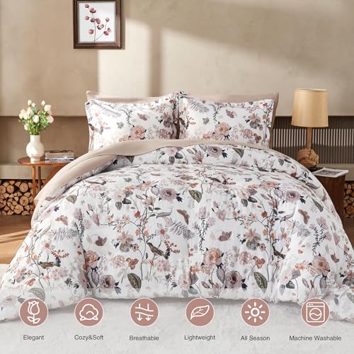 7 Piece Queen Comforter Set, Dusty Pink Butterfly Floral Comforter Set with Flowers Leaves Pattern, Soft Microfiber Complete Bedding Set for All Season(Dusty Pink, Queen) LLDSYW